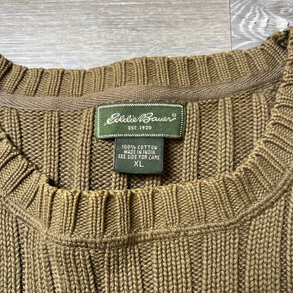 Eddie Bauer Sweater Mens XL Olive Green Ribbed Cotton Shoulder Patch Crewneck - Picture 3 of 8